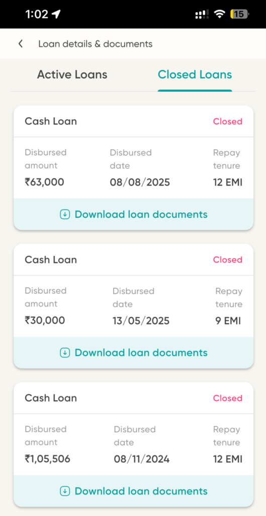 Fibe closed loans screen showing 3 personal loans repaid 2024–2025 — real borrower proof GetLoanCredit