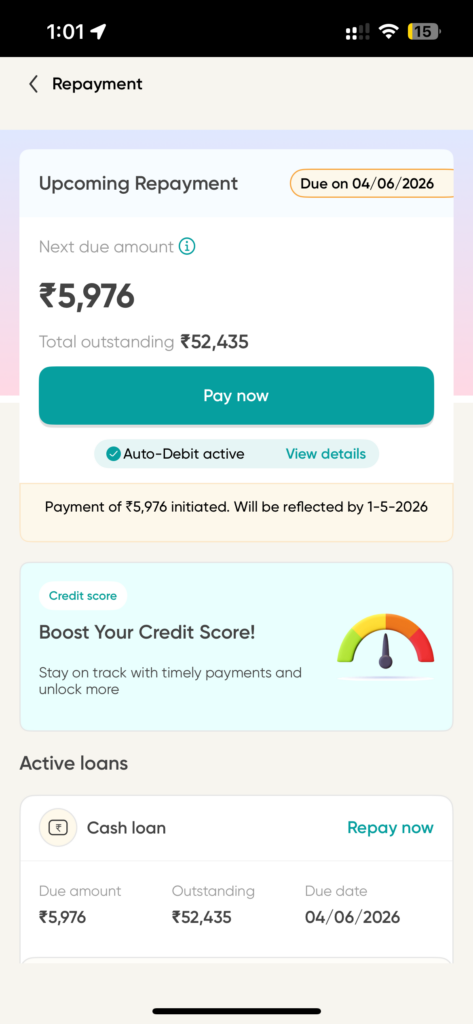 Fibe repayment screen showing ₹52,435 outstanding with auto-debit active — GetLoanCredit 2026