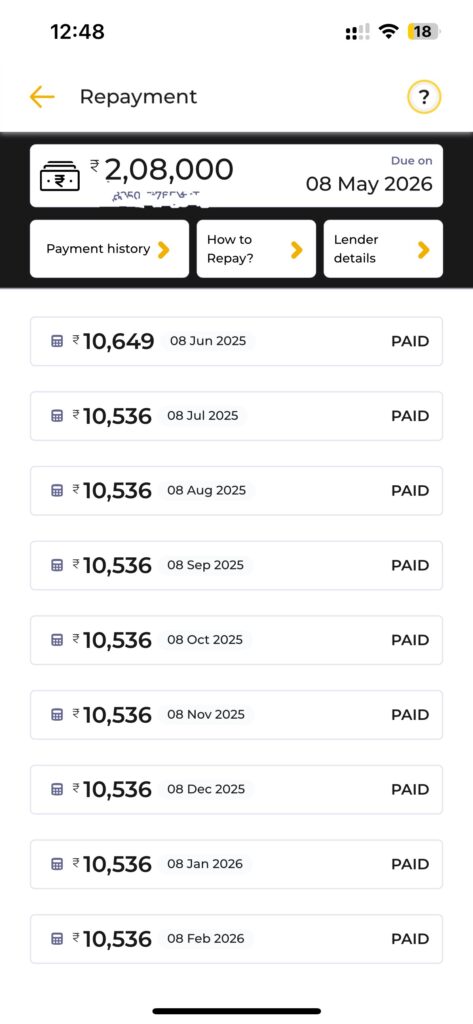 KreditBee repayment screen showing 9 consecutive EMIs paid on time — GetLoanCredit 2026