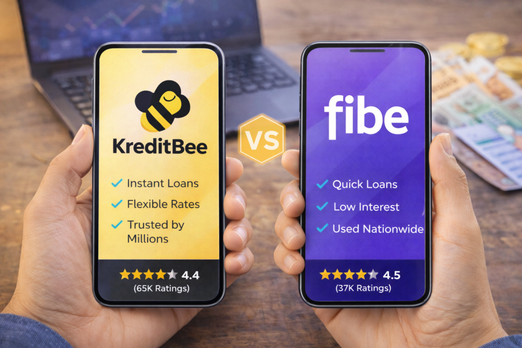 KreditBee vs Fibe instant loan apps comparison on two smartphones with ratings displayed for Indian users in 2026