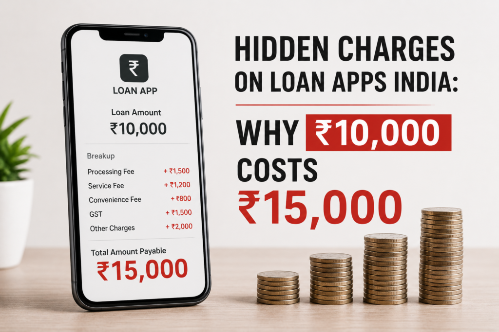 Illustration of hidden charges on instant loan apps in India showing how a ₹10,000 loan can become ₹15,000 due to fees, interest, and penalties with a stressed borrower using a smartphone.